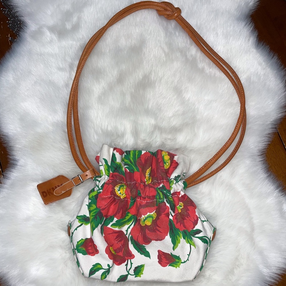 DKNY Vintage 80s 90s Poppy Floral Print Bucket Bag Shoulder Purse White Red